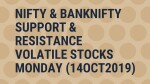 Nifty & Banknifty || Support & Resistance & Volatile Stocks - Monday (14OCT2019)
